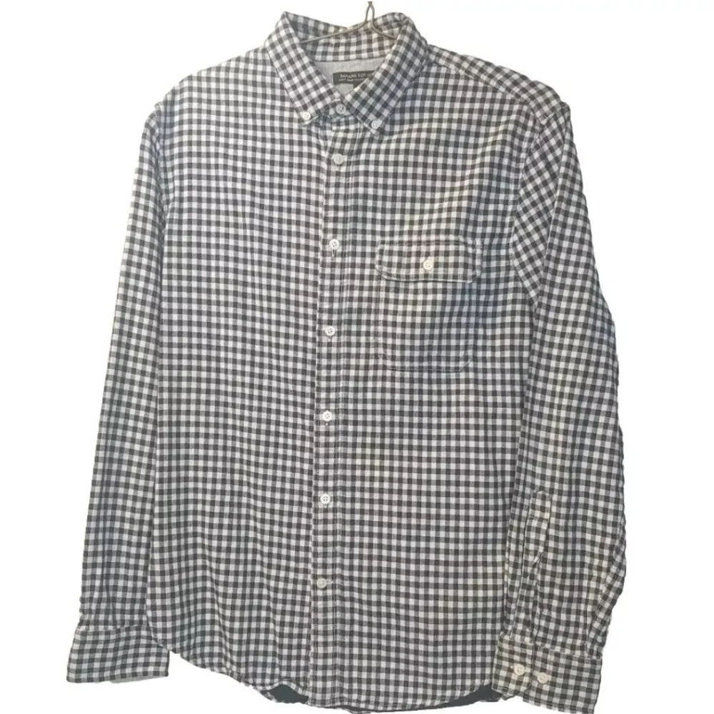 Banana Republic Flannel Shirt Men Large Preppy Black Micro Check Tailored Slim